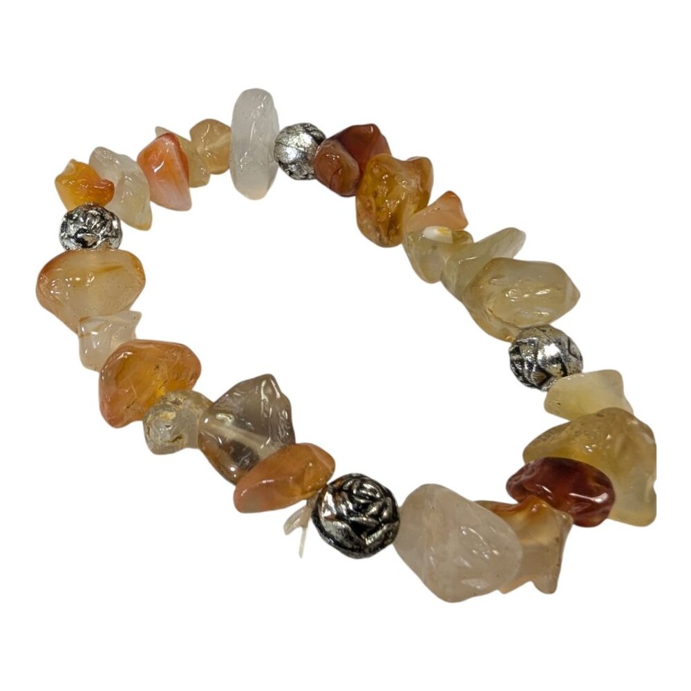 Handcrafted Carnelian & Quartz Chip Stretch Bracelet With Silver Flower Beads